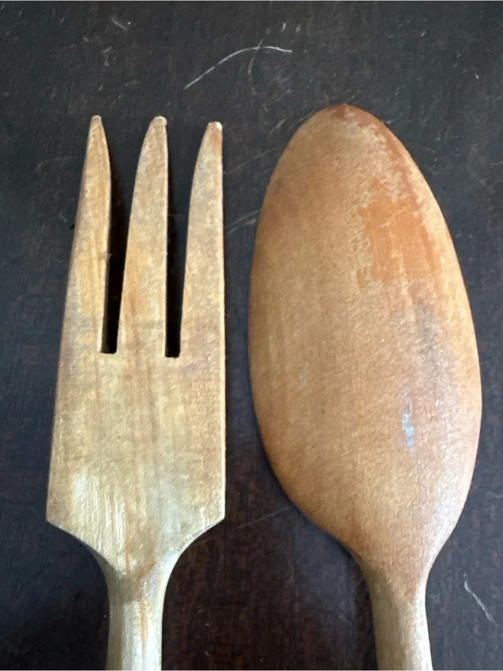 Vintage Hand Painted Ceramic & Wood Salad Serving Set Folk Art Floral Spoon Fork